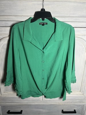 Boho Chic Green Collared Fringe Bell Sleeve Button Up Blouse Relaxed