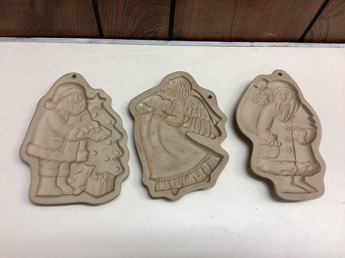 Vintage Brown Bag Cookie Art Molds Set 3 Santa Angel Christmas Stoneware Decor