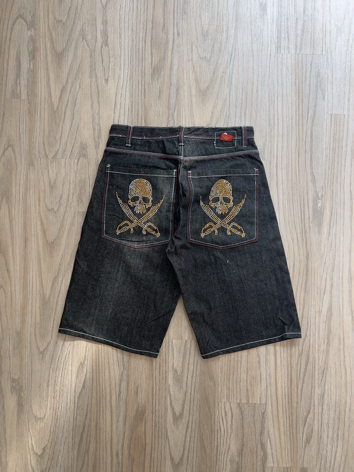 Property Member Jean Jorts Mens 34 Black Embroidered Baggy Y2K Loose Skull