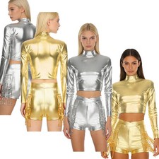 Womens Outfits Sequined Dancewear Crop Top Sets Costume Dance Stage Shiny Jazz