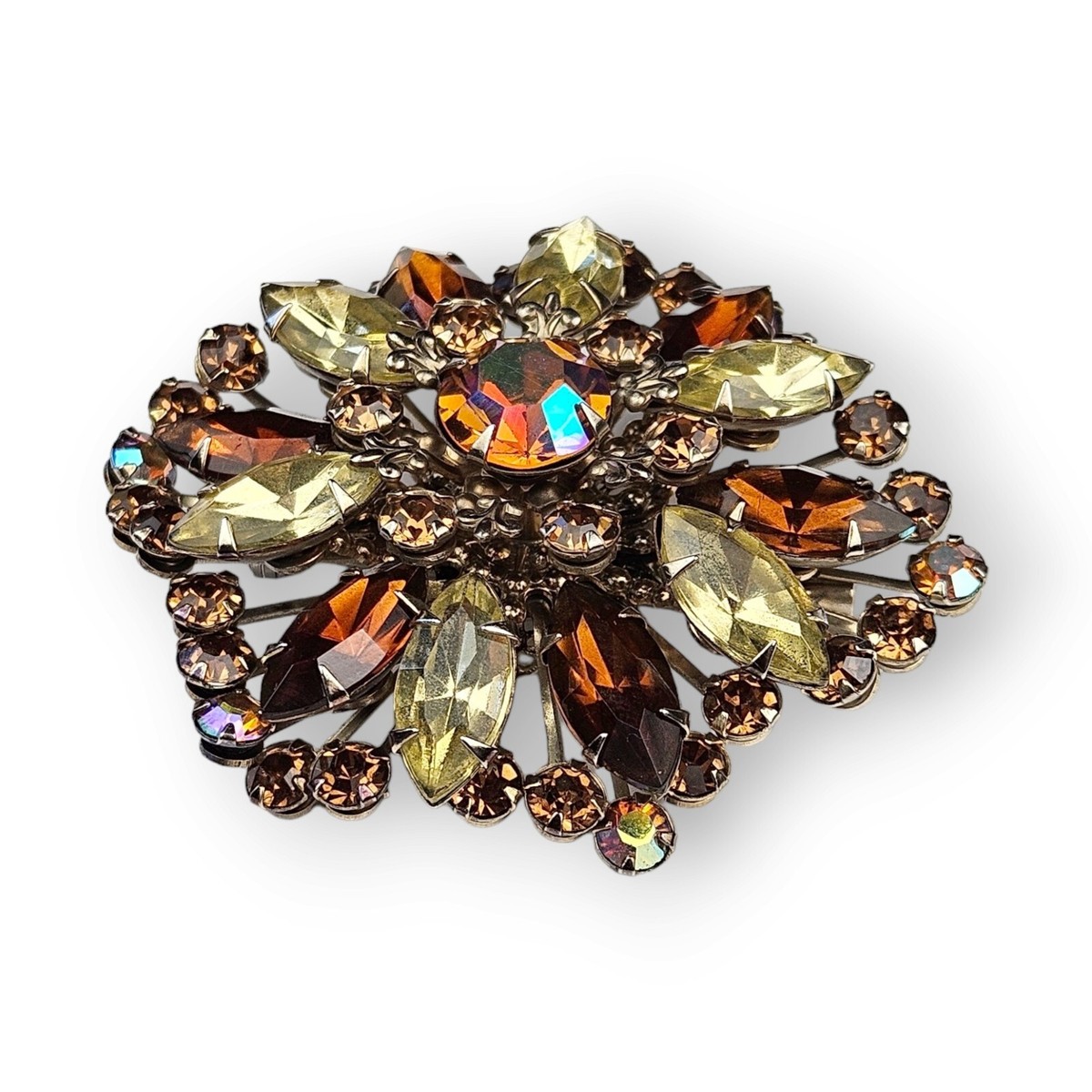 Vintage Topaz AB Rhinestone Floral Brooch Green Navette Gold Tone 2.25\