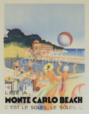 Monte Carlo Beach, 1931 Vintage Poster Art Print Sexy French Woman Travel 24x18