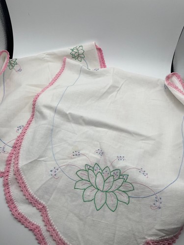 Vintage Cross Stitch Embroidered Linen Dresser cloth Table cloth Lotus flower! - Picture 3 of 7