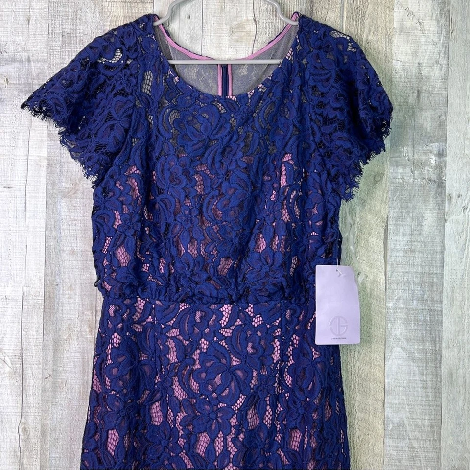 JS Collection Size 10 Navy Blue Floral Lace Rose Liner Short Sleeve Sheath Dress - Image 4 of 4
