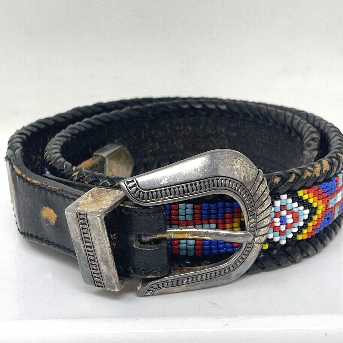 VTG Hand Beaded Leather Belt Silver Buckle 1991 Womens Size 