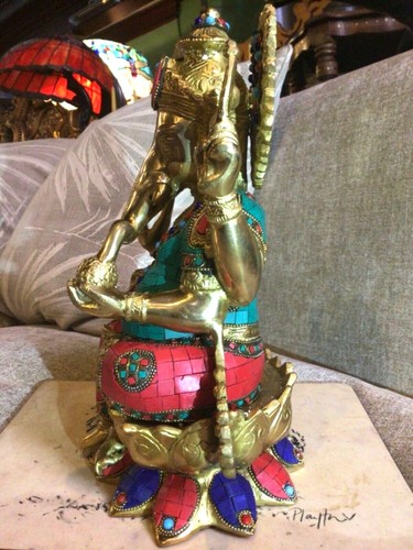 Ganesh grande statua ottone pietre intarsiate scultura tempio divinità orientale 31 cm 8 kg - Foto 9 di 12
