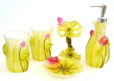 5 PC SET GREEN+PINK FLOWER RESIN SOAP DISPENSER+DISH+2 TUMBLERS+TOOTHBRUSH+BOX