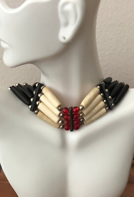 Native American Tribal Buffalo Bone Choker Necklace Beaded Red Stone Jewelry