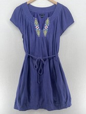 TOMMY HILFIGER Dress L Beaded Crinkle Gauze V-Neck Shift Braid Belt Cotton Blue