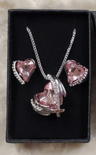 3 Pc. Necklace Earring Set SILVER PINK Heart October Birthstone Valentine's w/Bx