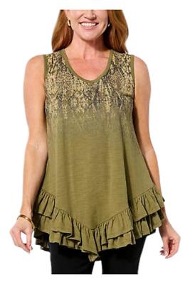 DG2 by Diane Gilman Women's Slub Knit Placed Ruffled-Hem Tank Lt Olive
