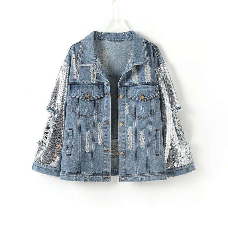 Bling Women's Cotton Denim Coat Sequin Jacket Jeans Hole Occident