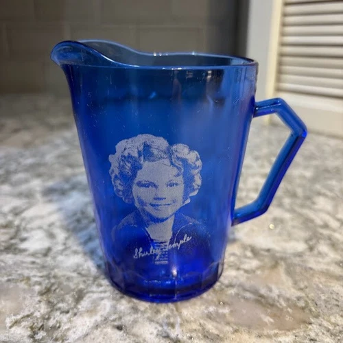 ADORABLE SHIRLEY TEMPLE COBALT BLUE MILK PITCHER 4 1/2 INCHES HIGH - GD COND