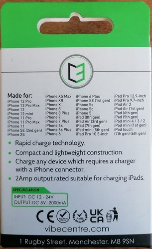 iPhone, iPod, iPad 2Amp Car Charger - VIBE C3 - Picture 2 of 3
