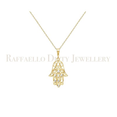 Hamsa Handnieten Zirkon mit bösen Augen Anhänger Halskette 14k Gelbgold jüdisch