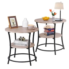 2PCS Wooden Round Side End Tables 2-Tier Sofa Accent Table w/Metal Frame Natural