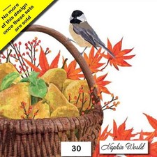  30 TWO Indiviual Decoupage Paper LUNCHEON Napkins AUTUMN FALL BASKET CHICKADEE