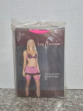 Leg Avenue 8081Pink/Black Size MEDIUM  3 PC Lace Bra Garter Skirt & Stocking Set