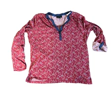 Lauren Ralph Lauren Womens Red Top Floral Denim Large Roll Tab Sleeve Henley LRL