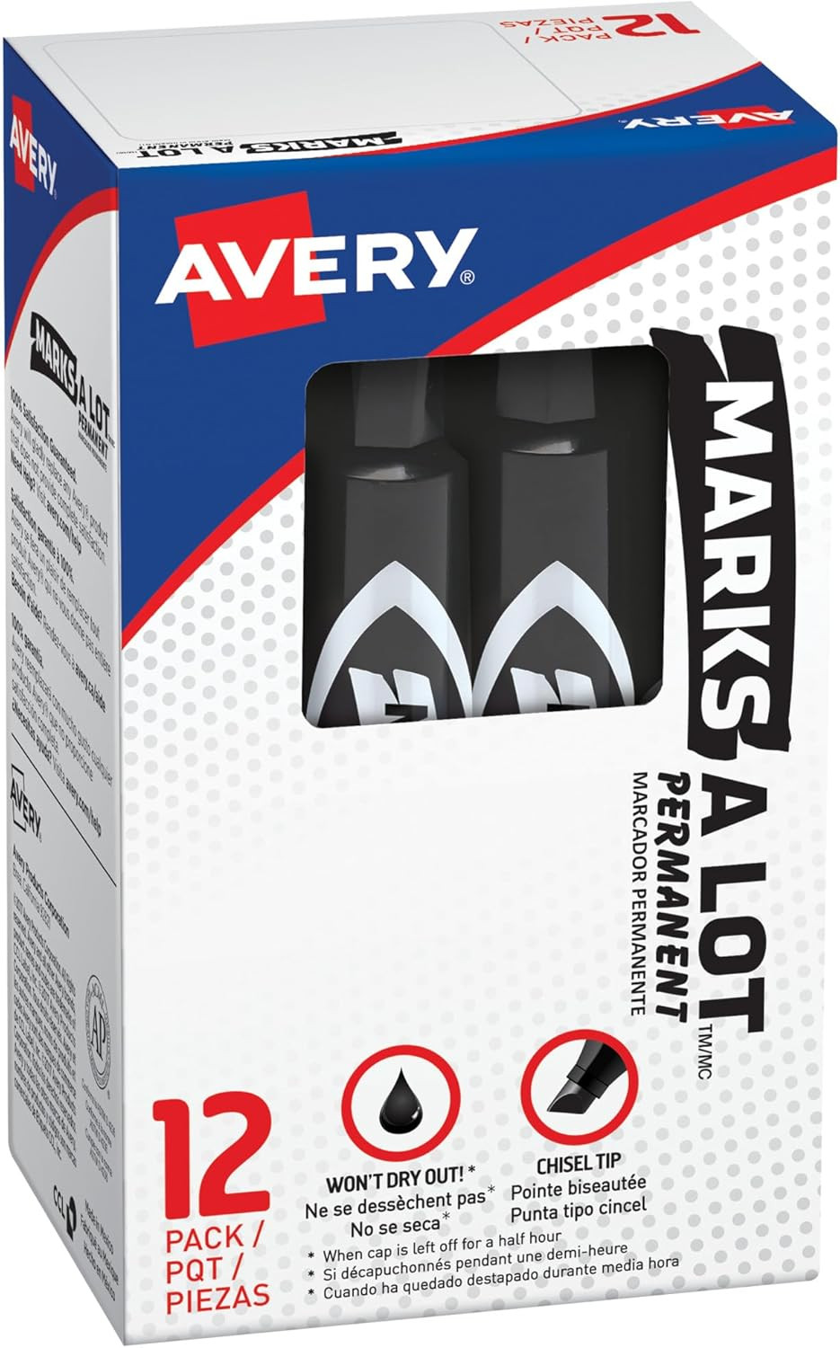 Marks-A-Lot Avery Regular Desk-Style Size Chisel Tip, 12 Black Permanent Markers