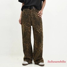 Men Fashion Leopard Graphic Trousers Hip Male Loose Straight Leg Party Pants