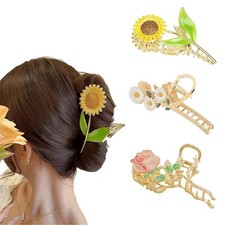 3 Pcs Metal Flower Claw Clip Set - Rose, Daisy, and Sunflower Large Hair Clips f