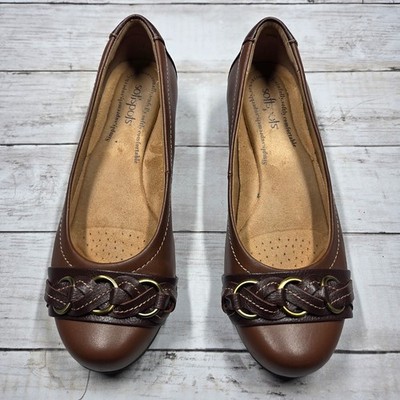 Softspots 751800 Braided Wedge Flats Womens 9WW Brown Leather Round Toe Comfort