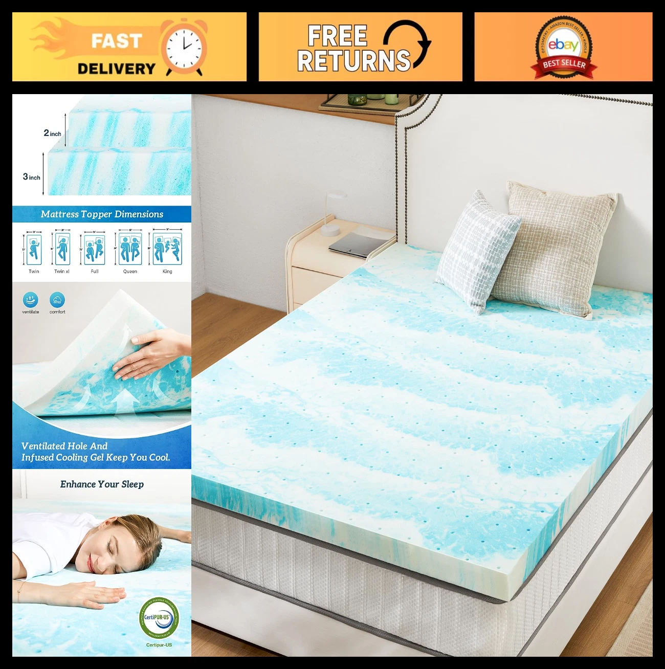 2" Gel Infused Cooling Memory Foam Mattress Topper Twin - Ventilated & Breathabl