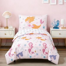 Toddler Bedding Sets Girls 4 Pieces Pink Mermaid Toddler Bed in A Bag Soft Re...