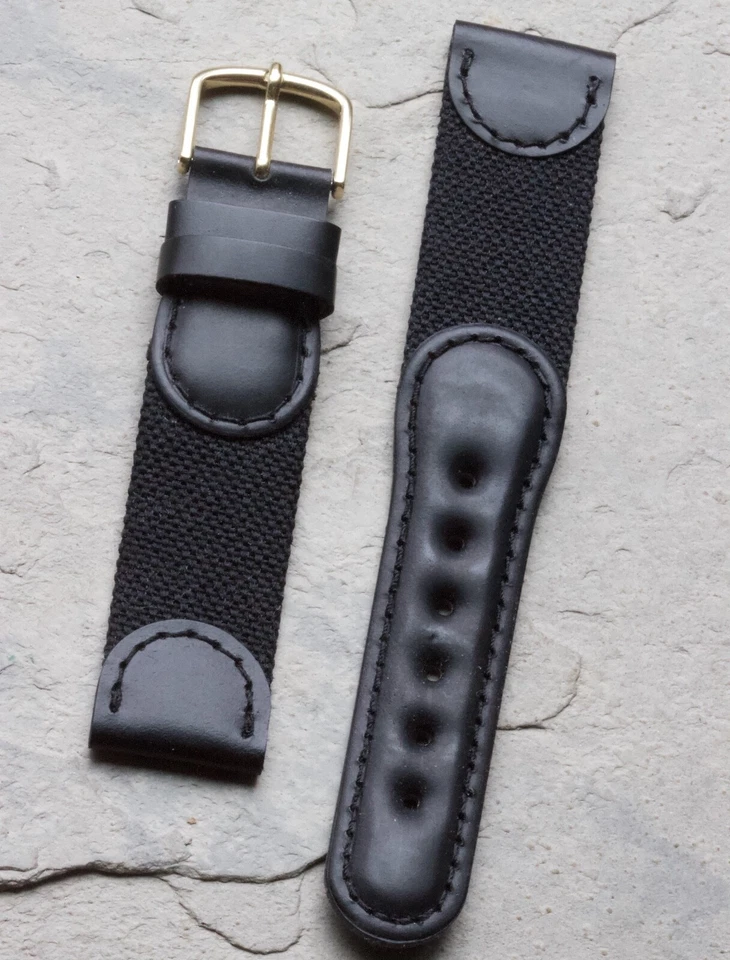 Correa de reloj negra de cuero genuino y nailon de 19 mm años 60 stock antiguo de Hirsch Foto 2 de 3