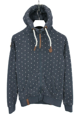 NAKETANO Hoodie Women's LARGE Full Zip Pockets Patterned Hooded Blue