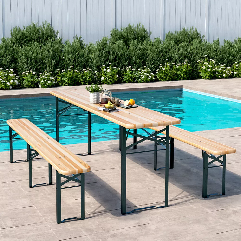 7ft Long Wooden Folding Beer Table Bench Set Garden Dining Picnic
