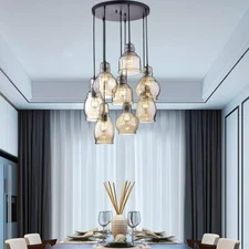 Vintage Kitchen Island Pendant Lights Linear 8-Light Cognac Glass Chandelier