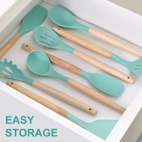 14x Silicone Kitchen Cooking Utensils Set with wooden Holder Pot Gray Pink Green - Picture 27 of 28
