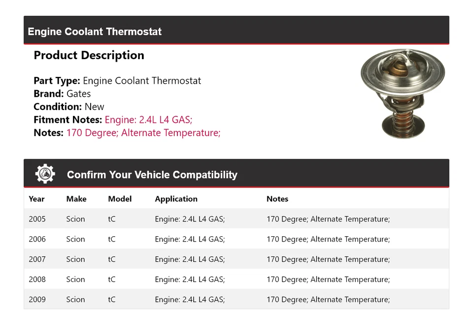 Para 2005-2009 Scion tC 2.4L L4 GAS Motor Refrigerante Termostato Puertas 2006 2007 Foto 2 de 4