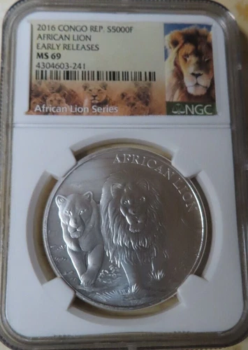 AFRICA CONGO 2016 5000 FRANCS 1 OUNCE 999 SILVER AFRICAN LION COIN NGC MS69