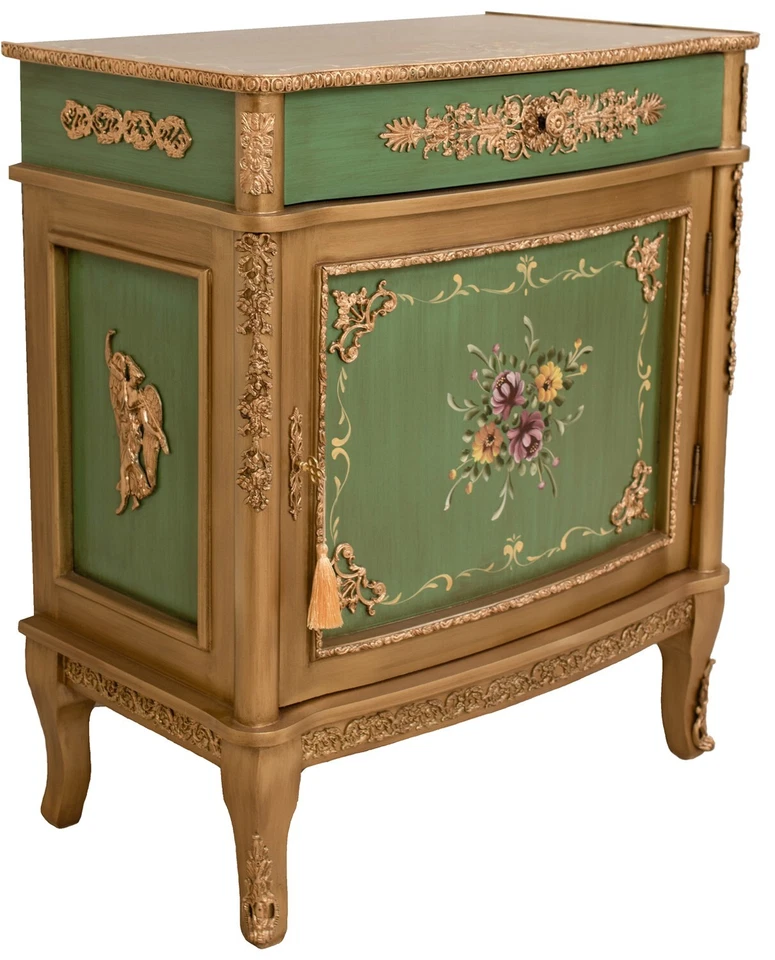 Aparador Antiguo Buffet Curvo Con Una Puerta B020 / 81X47X92 Cm Verde Dorado Foto 4 de 4