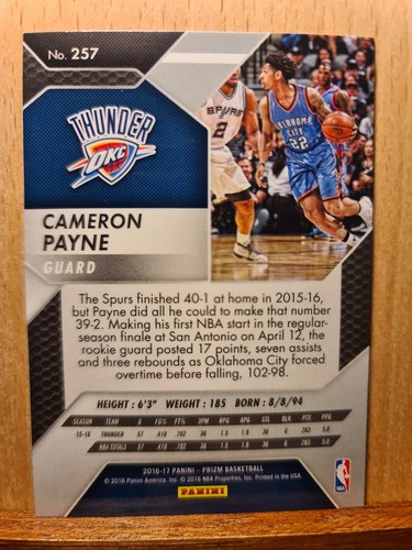 Cameron Payne #257 2016-17 Panini Prizm Base Thunder D0114A - Picture 2 of 2