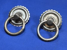 Pair Antique Drawer RING PULLS w/ Original Square Nuts, 1 7/8" Dia Escutcheon