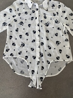 skull & cross bones / skeleton print sheer button front top