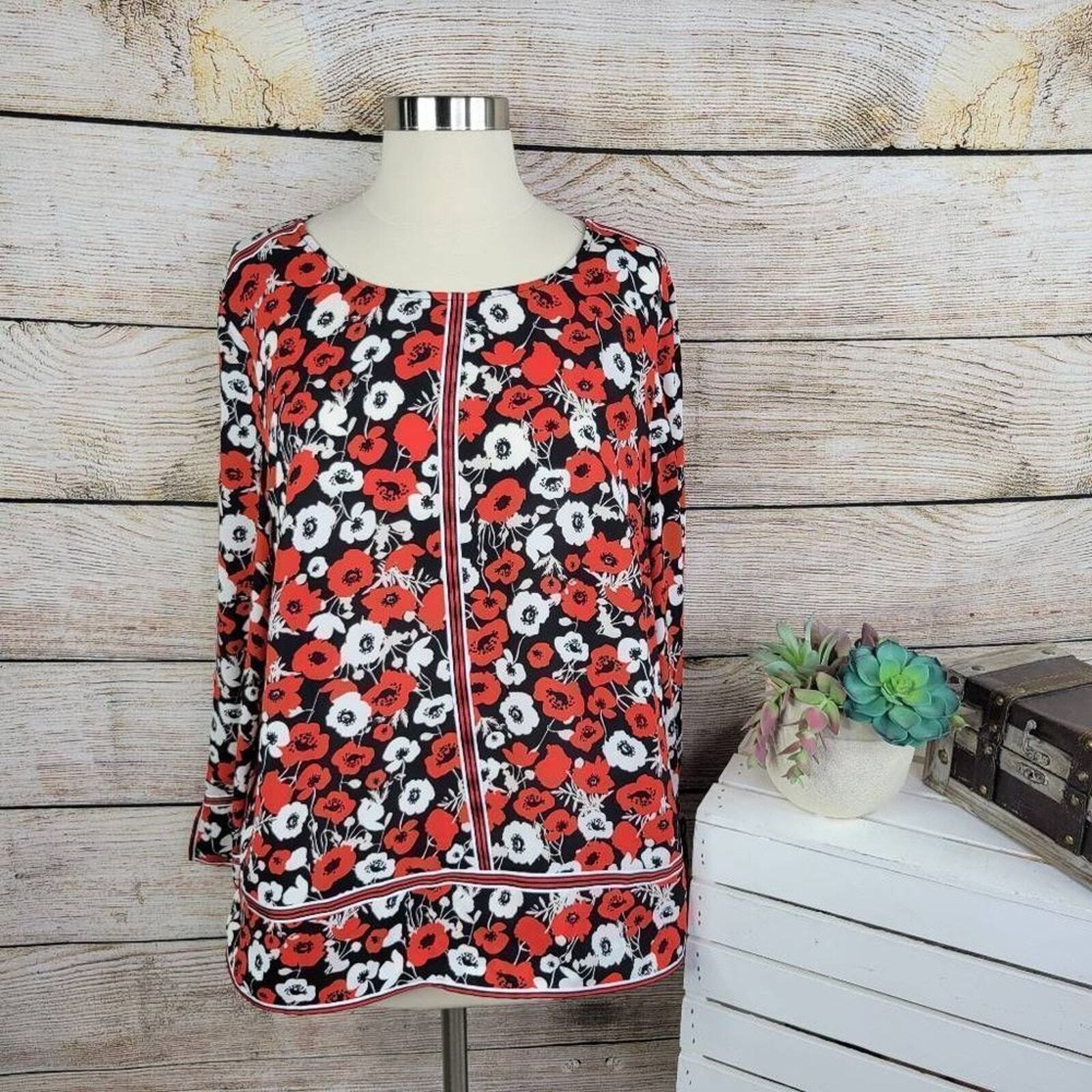 Jones New York Womens Floral Print Polyester Long Sleeve Top Size L