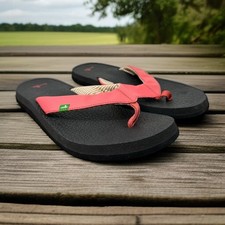 Sanuk Yoga Sling 2 Sandals Coral Pink Tan Stripe Womens Size 11 Flip Flops