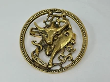 Vintage Goldtone Zodiac Taurus the Bull 2.25" Round Scarf Slide Clip