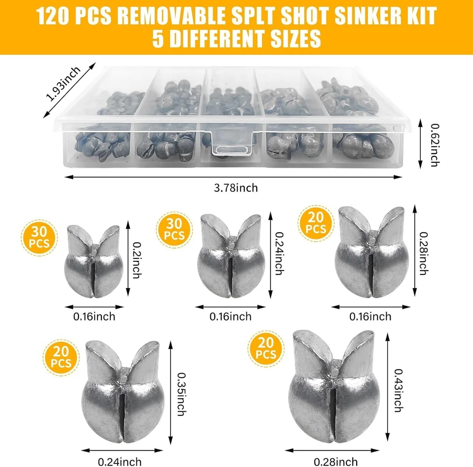 Pesas de pesca hundidores, kit de pesas de tiro dividido de plomo 120 piezas, peces redondos extraíbles Foto 3 de 4
