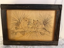 Vintage Wood Burned Squirrel Art Pyrography Framed Wall Hanging 11x15 Rustic