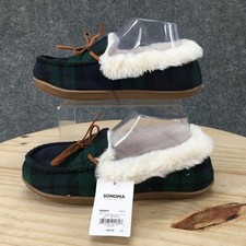 NEW Sonoma Slippers Mens 7-8 Faux Fur Trim Plaid Lined Loafers Flats Green Black