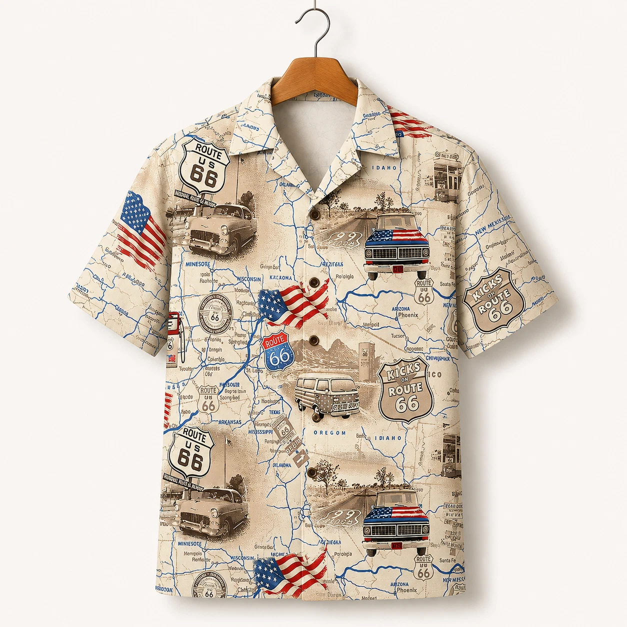 Route 66 Map Vintage Car Hawaiian Shirt Button Down American Flag Beach Shirt