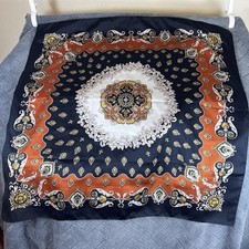 Vintage Multifiber Scarf 34 Polyester, Medallion Print Bronze, Black Yellow