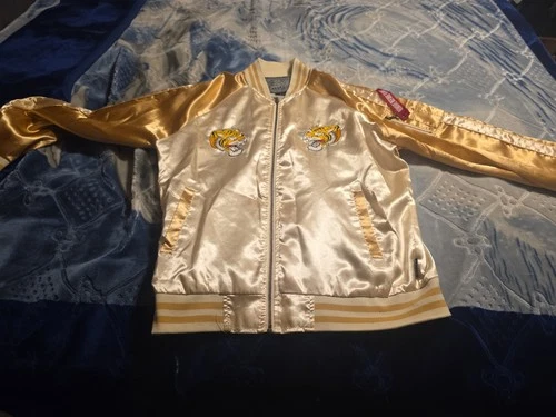 Brooklyn Bomber Jacket Men Sz Lg Champagne GoldTiger Embroidered Full Zip Damage image 3