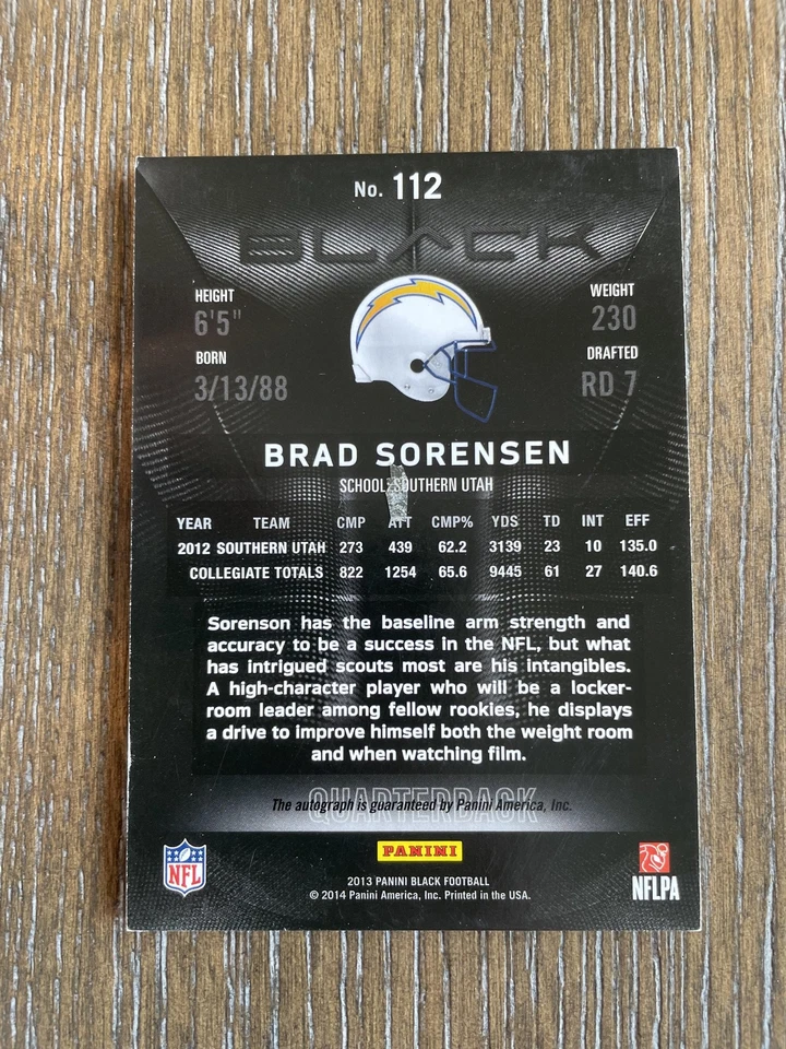 2013 Panini Black #112 Brad Sorensen Rookies Signatures #/99 - Image 2 of 2